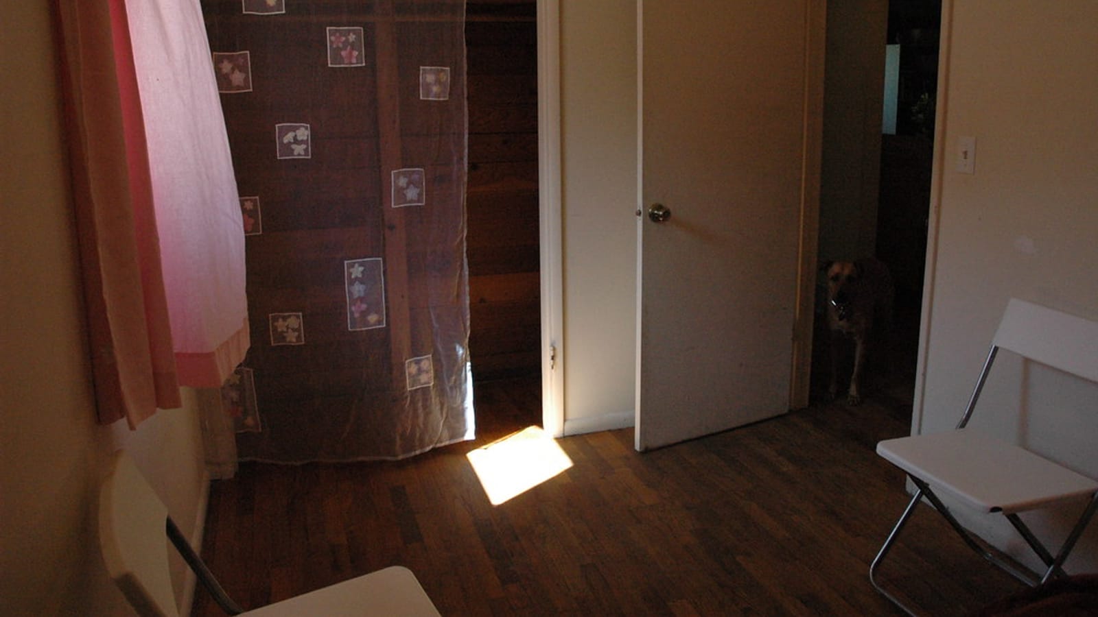 Exorcised little wooden room, pink window curtain, transparent panel, closet, square of light, chairs, Rosie at the door